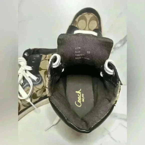 Coach Ellis khaki brown leather canvas signature high top sneakers size 8 - Picture 3 of 4